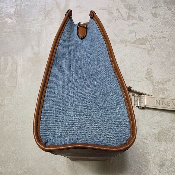 Nine West Jolene Blue Denim Tote Zip Pocket Snap Close Gold Hardware Adj Strap - Picture 7 of 11